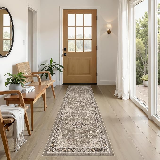 Vintage Hallway Runner Rug 2x6: Large Soft Washable Entryway for Kitchen Laundry Room Non-Slip Backing Runner for Entrance Living Room Bedroom Bathroom - Brown