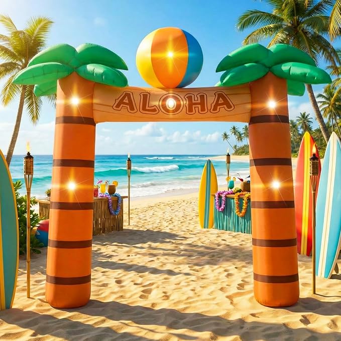 Jenaai 9.5 ft Giant Inflatable Palm Tree, LED Blow up Arch for Party, Luau Hawaiian Tropical Beach Party Decorations for Summer Pool Yard Garden Favors Supplies
