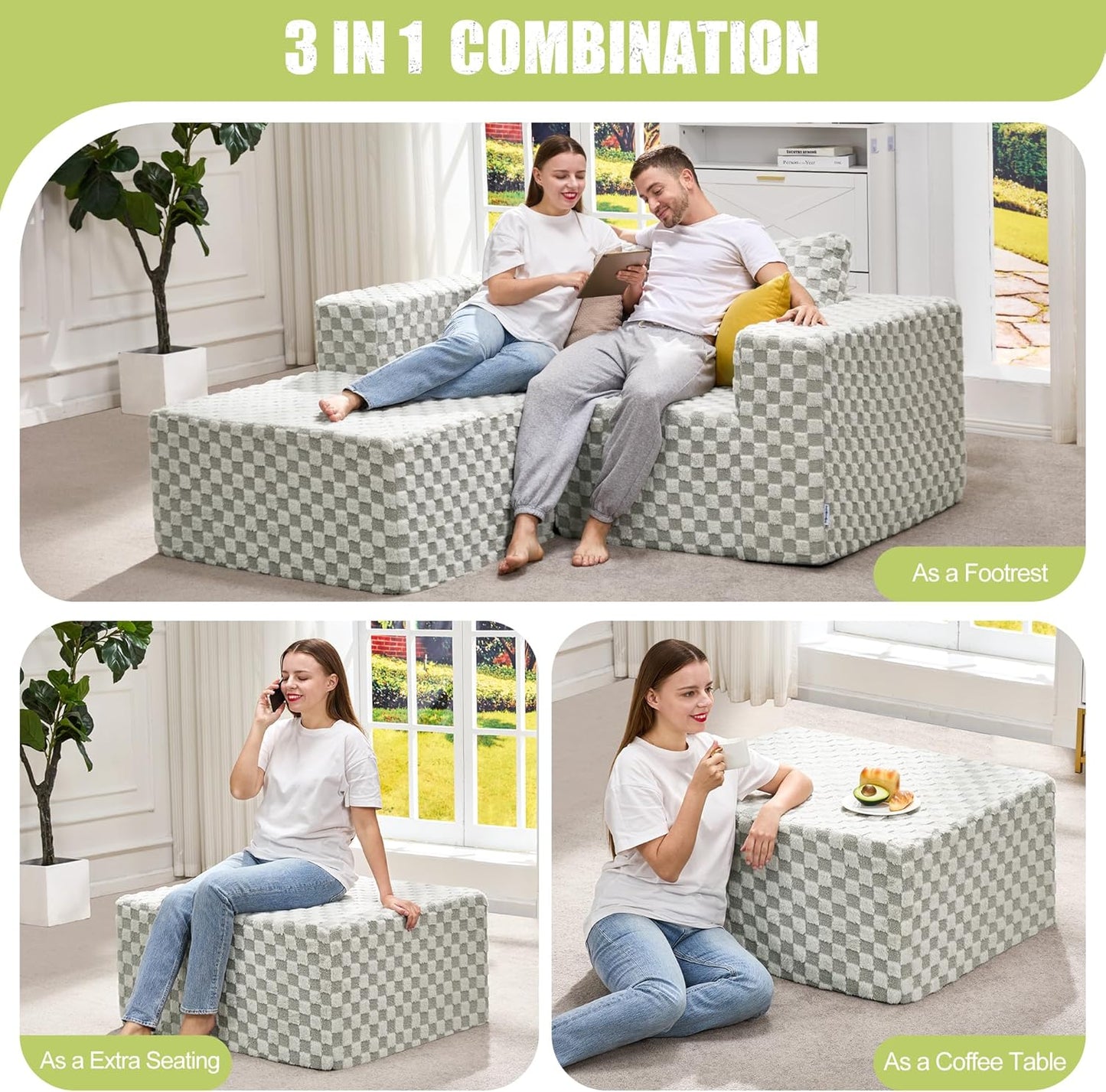 Hobestluk Rectangle Ottoman Memory Foam Footrest for Couch with Removable Cover Large Floor Seating for Adults Ottoman Coffee Table for Living Room, Bedroom or Office (Plush GREYOLIVE, Footrest)