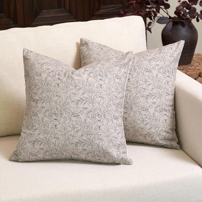 Amor Virisso Floral Throw Pillow Covers 20x20 Set of 2 Vintage Block Print Pillow Covers Decorative Pillow Covers Couch Pillows for Living Room Farmhouse Accent Sofa Pillows, Black/Sand