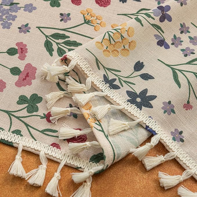 Deeprove Sheer Boho Floral Curtains 84 Inches Long Set of 2 Panels with Cream Tassels, Herbs Print Textured Window Drapes for Living Room Bedroom Light Filter Country Style Privacy, 52W x 84L