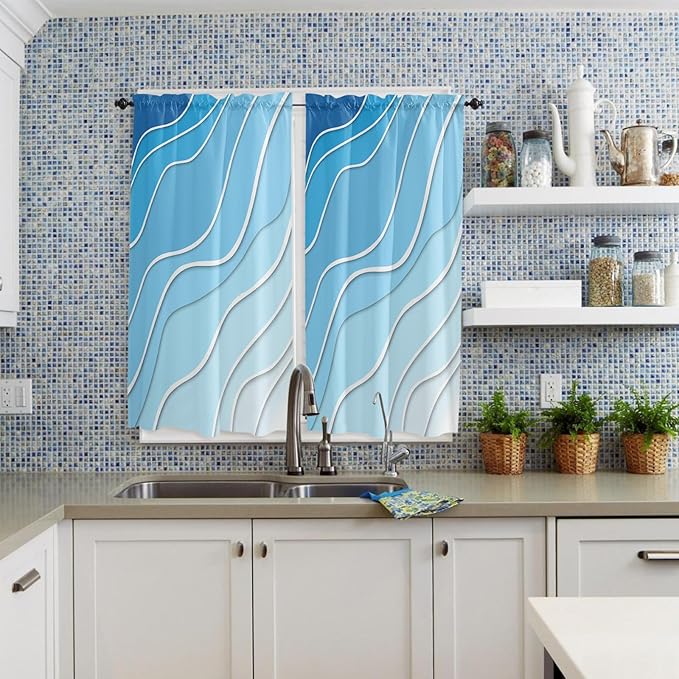 63 Inch Long Tier Curtains for Kitchen, Blue Ombre Abstract Sea Water Bathroom Window Curtains Rod Pocket Short Curtains Window Treatment Tiers for Living Room Farmhouse 2 Panels