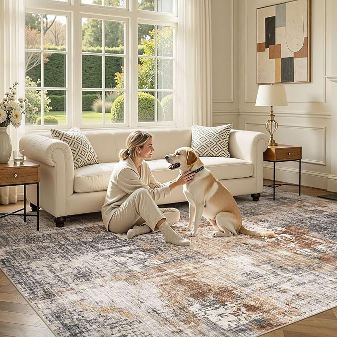 DMOYEST Area Rug Living Room Rugs - 10x14 Washable Large Soft Indoor Neutral Modern Abstract Low Pile Rug Carpet for Bedroom Dining Room Farmhouse Home Office - Grey Brown