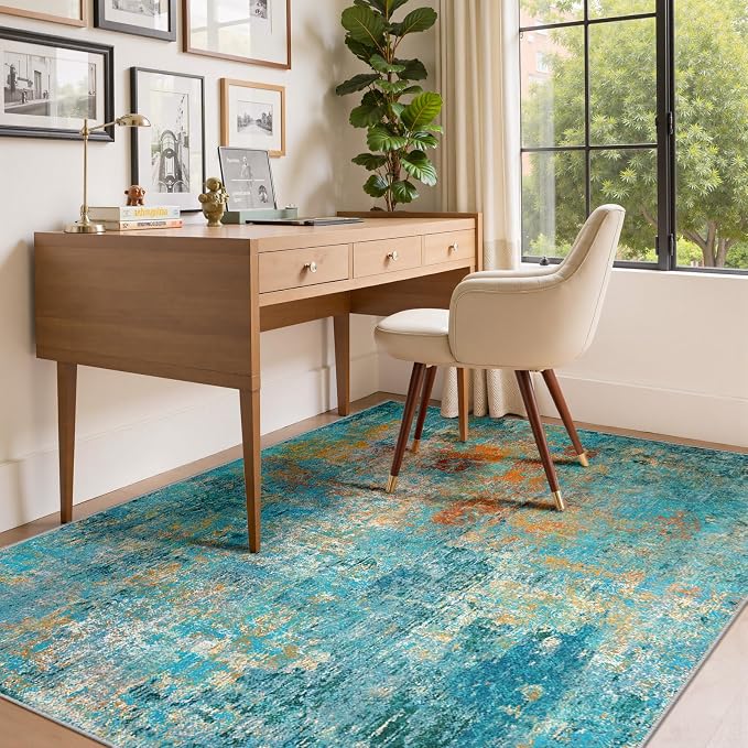 RELEANY Washable Area Rugs 4'x6' Non-Slip Modern Abstract Soft for Living Room Entryway Bedroom Kitchen, Print Pattern, Teal Blue Green Orange Rust Red Coloreful