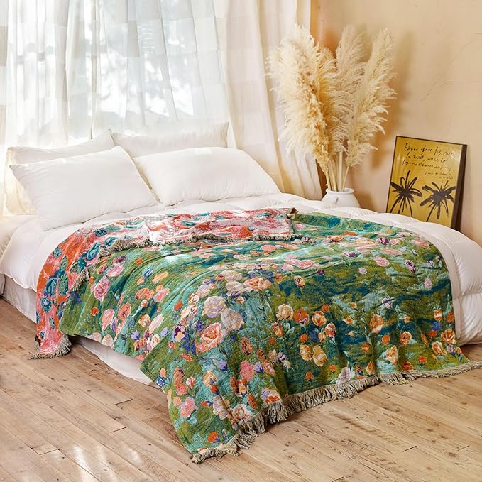 MSGKV Boho Throw Blanket for Bed Cotton Floral Twin Size Couch Blanket 60"x80" Muslin Spring Breathable Lightweight Farmhouse Blankets All Seasons