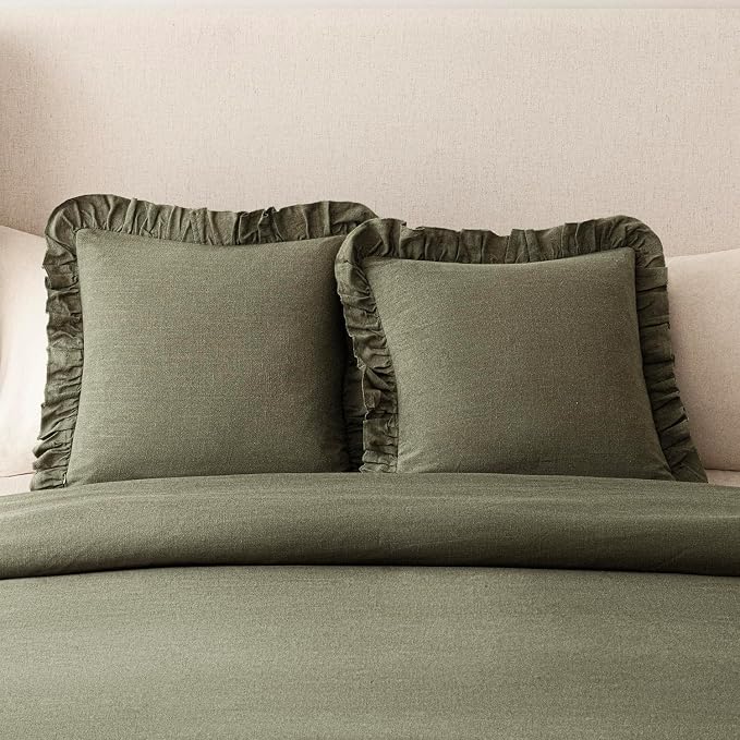 Foindtower Set of 2 Decorative Linen Fringe Ruffle Throw Pillow Covers Soft Boho Farmhouse Cushion Cover Cozy Accent Retro Pillowcase for Couch Sofa Bed Living Room Home Decor,24×24 Inch,Olive Green