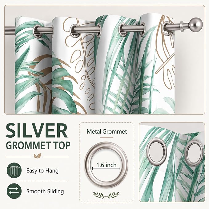 iTapnoom Tropical Palm Leaves Blackout Curtains, Gold and Green Botanical Plants Leaf Window Drapes Darkening Grommet Window Curtains for Living Room Bedroom Decor 2 Panels 52"x84" Inch