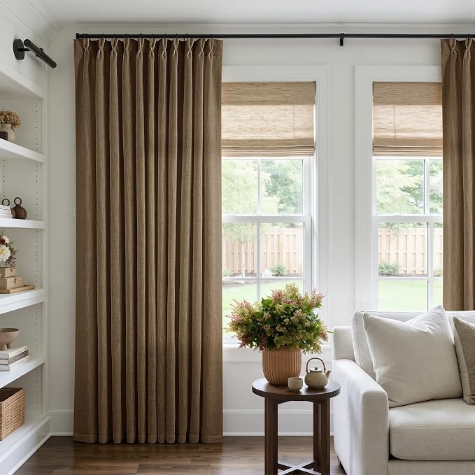 Extra Wide 108 Inch Long Curtains 70 Inch Wide Pinch Pleat Linen Curtains for Living Room Bedroom Light Filtering Privacy Pleated Drapes Hooks Rings Back Tab for Sliding Door Dutch Cocoa 1 Panel
