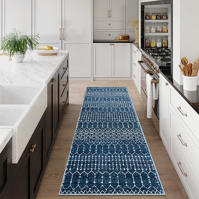 Lahome Moroccan 2x5 Washable Blue Runner Rug, Non-Slip Low-Pile Stain Resistant Kitchen Rugs, Geometric Soft Bathroom Runner Carpet for Entrance Bedroom Laundry Hana, Blue