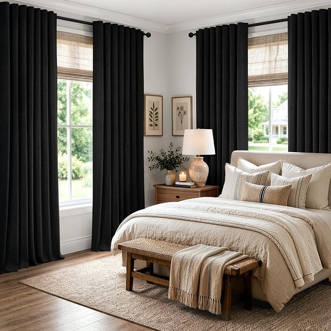 MIULEE 100% Blackout Linen Curtains for Bedroom, Black Solid Luxury Decor Thermal Insulation Room Darkening Drapes for Living Room Back Tab Rod Pocket 42 x 63 Inches, 2 Panels