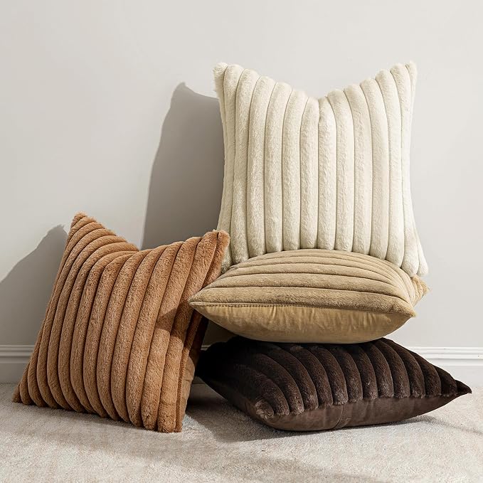 MIULEE Faux Fur Plush Decorative Throw Pillow Covers 20x20 Set of 4, Boho Fall Farmhouse Soft Fuzzy Striped Cushion Covers for Sofa Couch Bed Living Room Vintage Rustic Home Decor,Brown
