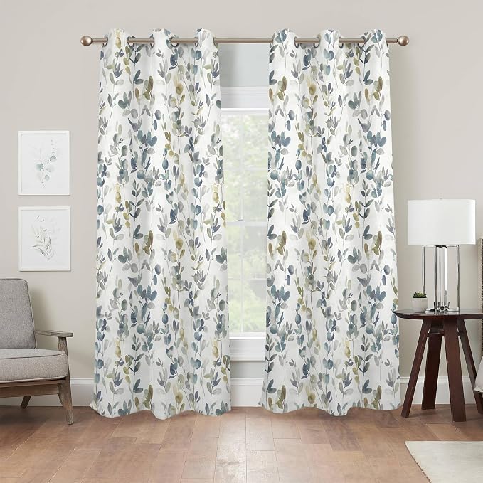 Renaiss Botanical Herbs Blackout Curtains, Vintage Eucalyptus Leaf Thermal Insulated Bedroom Window Curtains, Classical Gray Plants Window Curtains for Kitchen, 45" L x 29" W 2 Panel Set