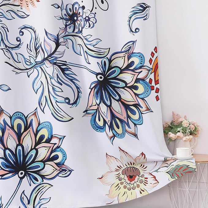 Estelar Textiler Boho Blue Floral Blackout Curtains for Living Room 90 inch Long 2 Panels,Thermal Insulated Room Darkening Window Drape with Grommet,Floral Print Pattern Decor Drapes,52Wx90L
