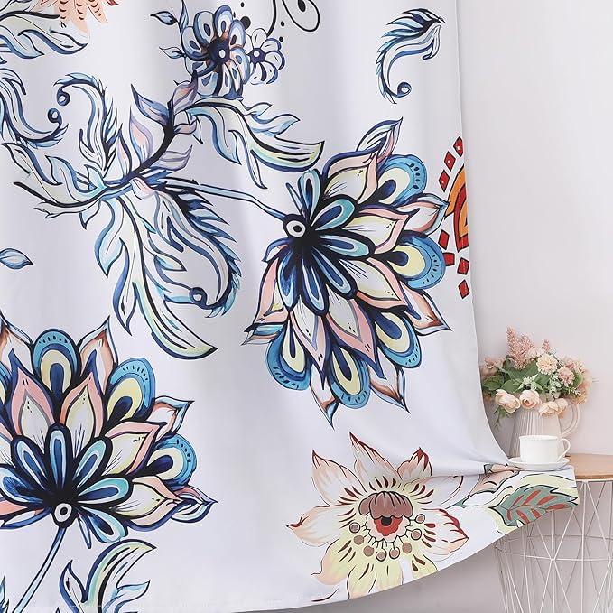 Estelar Textiler Classical Blue Floral Printing Curtains for Living Room Curtains 84 Inches Long, Room Darkening Thick Grommet Top Farmhouse Window Treatment White Drapes for Bedroom,52Wx84L,2 Panels