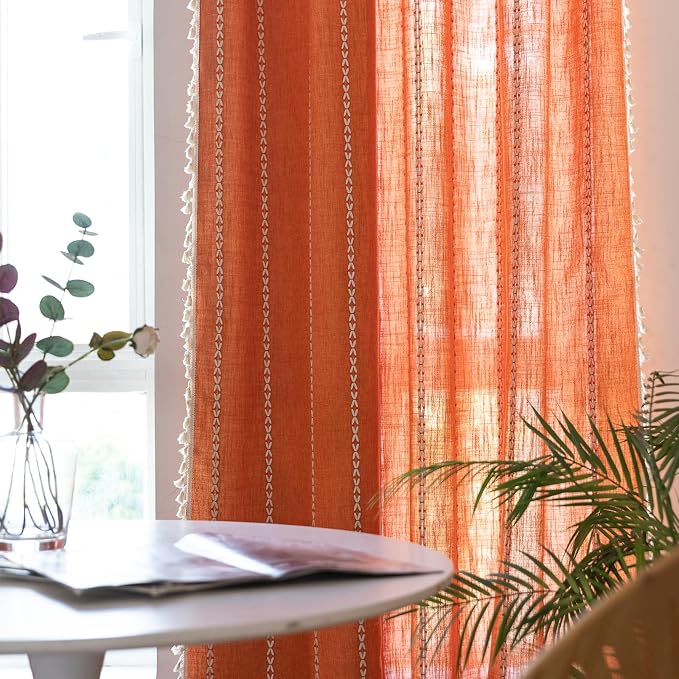 RoomTalks Orange Boho Farmhouse Curtains for Bedroom Living Room 84 Inch Length French Country Fall Autumn Cute Textured Window Curtain Panels Striped Bohemian Chic Tassel Draperies, 84’’L x 52’’W