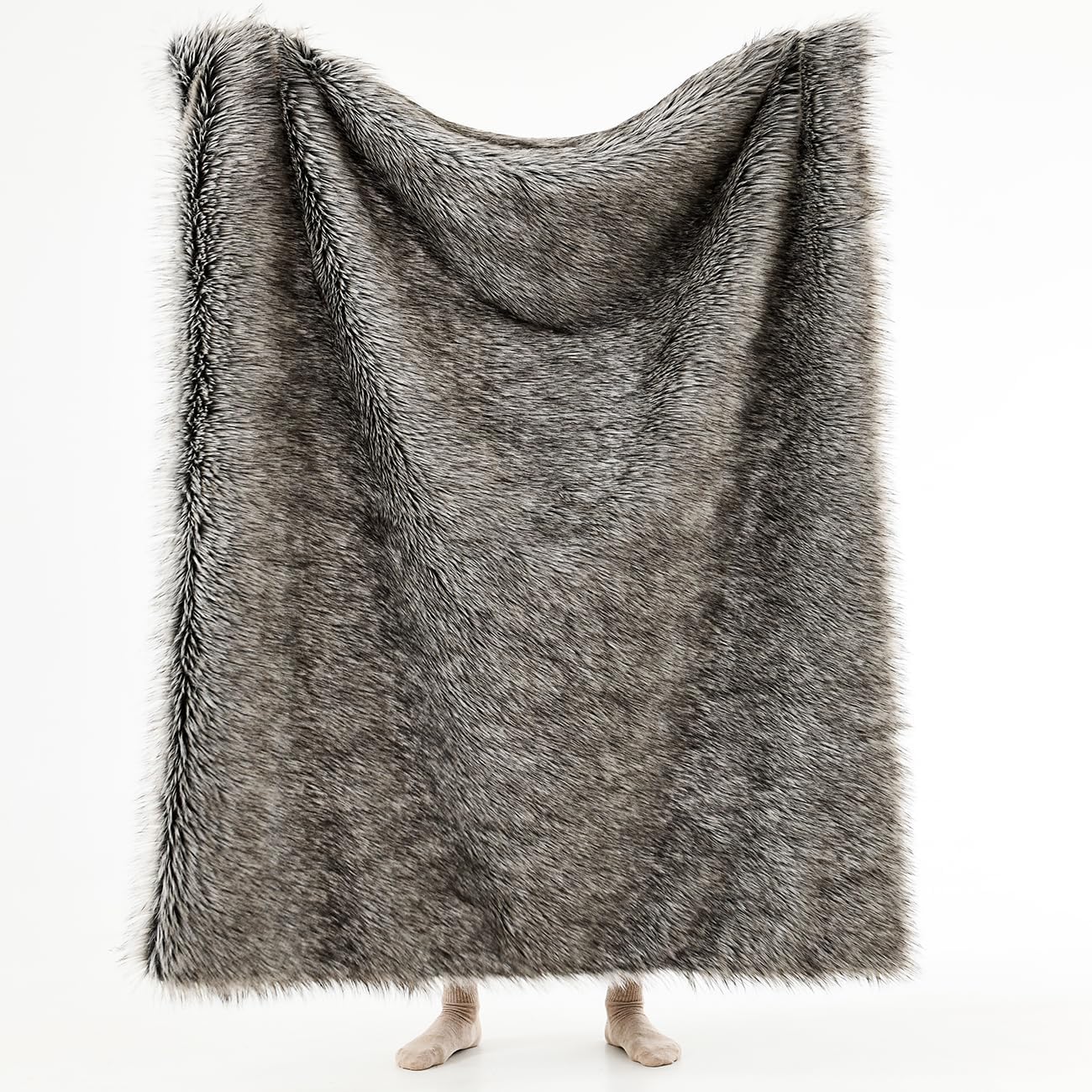 HORIMOTE HOME Luxury Plush Faux Fur Throw Blanket, Long Pile Grey with Black Tipped Blanket, Super Warm, Fuzzy, Elegant, Fluffy Decoration Blanket for Couch, Armchair, Sofa and Bed, 50''x 60''