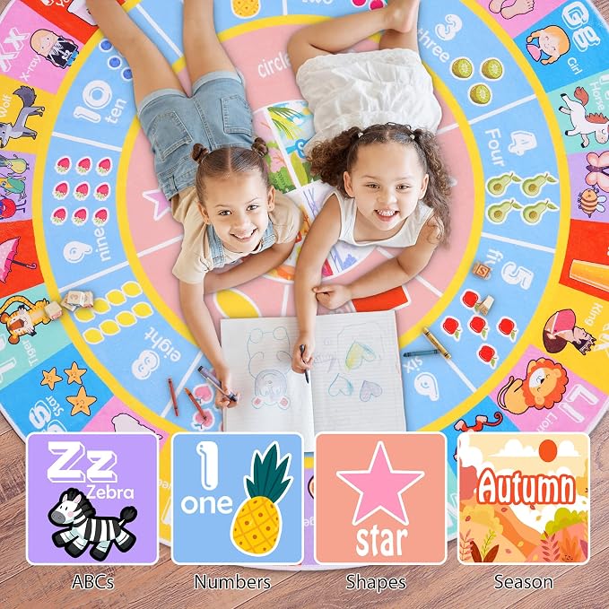 Kids Rugs for Playroom - Soft & Non-Slip 4x4 Feet Round Educational Rug for Learning ABC Alphabet, Numbers, Shapes & Map, Washable Classroom Rug for Bedroom Nursery & Kids Room Decor