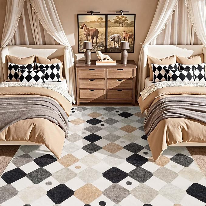 jinchan Macy 6x9 Kids Area Rug for Classroom Black and White Modern Nursery Rug Colorful Checkered Diamond Play Mat Washable Soft Non Slip Carpet for Playroom Bedroom Daycare Marble on Cream