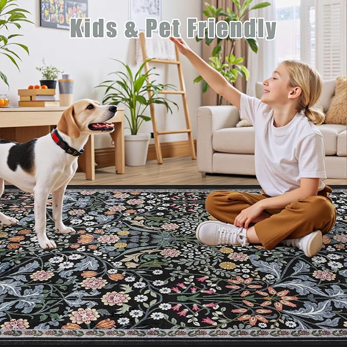 Round Area Rug for Living Room: 8 ft Floral Washable Circle Rug Soft Boho Non-Slip Carpet Indoor Floor Stain Resistant Low Pile Small Circular Rug for Bedroom Entryway Kitchen Nursery Dark Black