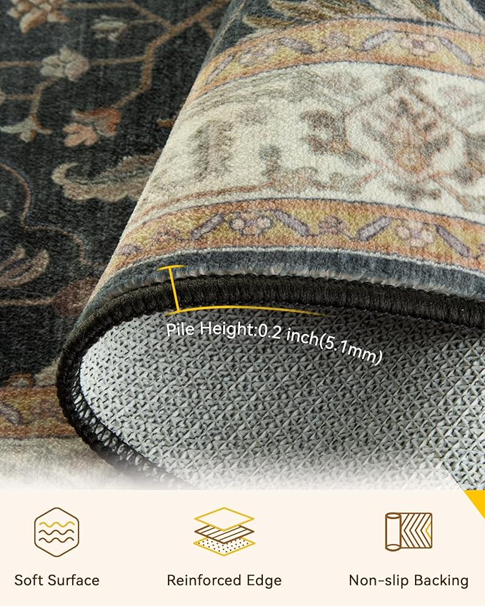 RELEANY Area Rugs 7'x9' Washable Non-Slip, Floral Vintage Distress Medallion Carpet for Living Room Bedroom Dining Room, Vintage Black Brown Neutral
