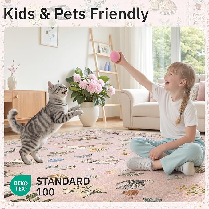 Soalmost Cat 8x10 Pink Area Rugs for Baby Girl Nursery, Washable Animal Floral Vintage Rug Non-Slip Low Pile Soft Throw Rugs for Living Room Dining Room Bedroom Playroom Classroom (8 x 10,Pink)