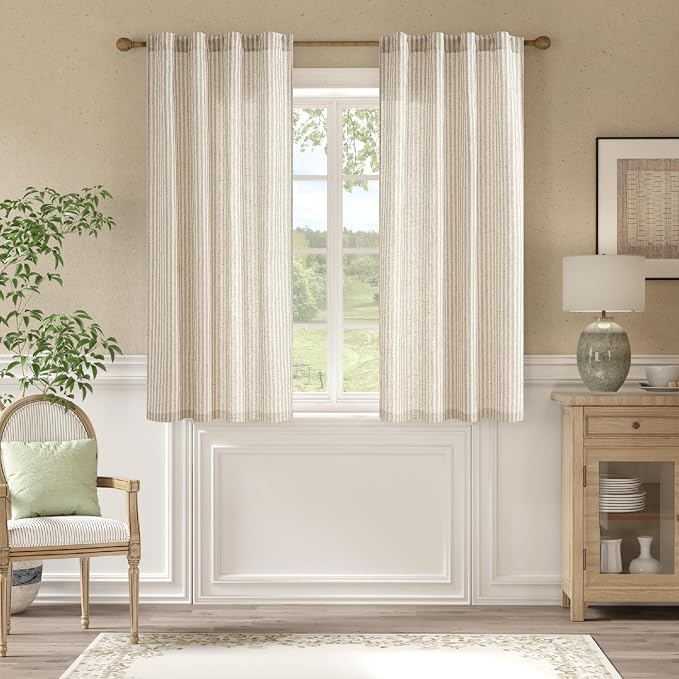 jinchan Linen Curtains 63 Inch Taupe Grey Stripe on Beige Back Tab 2 Panels | Curtains For Living Room Bedroom,Ticking Stripe, Farmhouse Cottage Core Rustic,Rod Pocket Window Treatment,Light Filtering