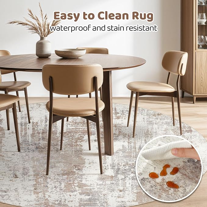 Round Rug Living Room Rugs: 10x10 Washable Circle Large Abstract Modern Soft Stain Resistant Non-Slip Indoor Floor Carpet for Bedroom Nursery Office Dining Room Playroom Home House Decor- Brown