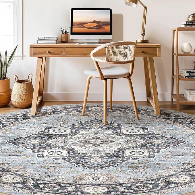 Round Rug Living Room Rugs: 8x8 Washable Boho Neutral Large Circle Soft Indoor Distressed Stain Resistant Floor Farmhouse Carpet for Bedroom Nursery Kids Playroom Office Dining Room Dorm- Blue Tan
