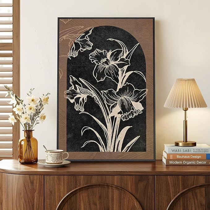 Framed Boho Floral Wall Art for Living Room, Abstract Black Brown Flower Canvas Paintings Prints Artwork for Walls, Mid Century Modern Bohemian Pictures Wall Decor for Bedroom Home Office, 24x36 Inch