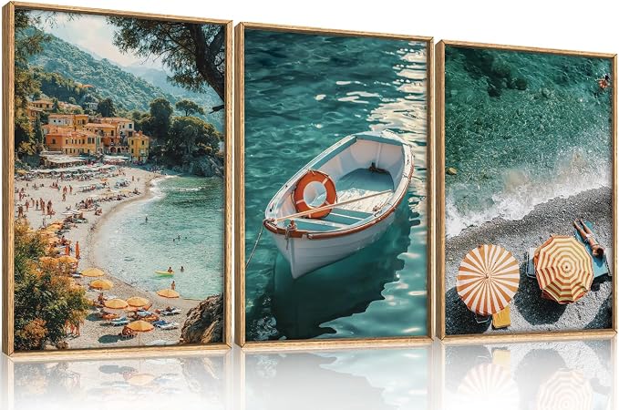 Aryroi Italy Spring Coastal Seascape Framed Canvas Wall Art Set,Mediterranean Amalfi Italian Blue Green Seaside Beach Decor,Natural Foreign Travel City Summer Artwork for Living Room,Farmhouse- 24"x36"x3