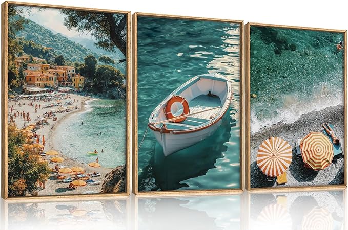 Italy Coastal Seascape Framed Canvas Wall Art Set,Mediterranean Amalfi Italian Blue Green Seaside Beach Decor,Natural Foreign Travel City Summer Artwork for Living Room,Farmhouse- 16"x24"x3