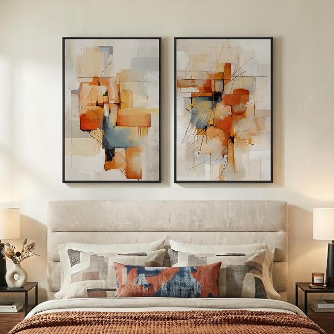 Large Framed Abstract Canvas Wall Art, 2 Piece Modern Prints Paintings Artwork for Walls, Minimalist Blue Orange Block Pictures for Living Room Dining Room Bedroom Hallway Wall Decor 24x36 In