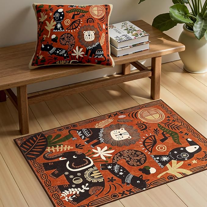 jinchan 2x3 Cute Area Rug Kids Washable Fun Rug Terracotta Boho Jungle Small Mat Non Slip Safari Doormat Lightweight Soft Cozy Throw Carpet for Entryway Nursery Playroom Bedside Bathroom