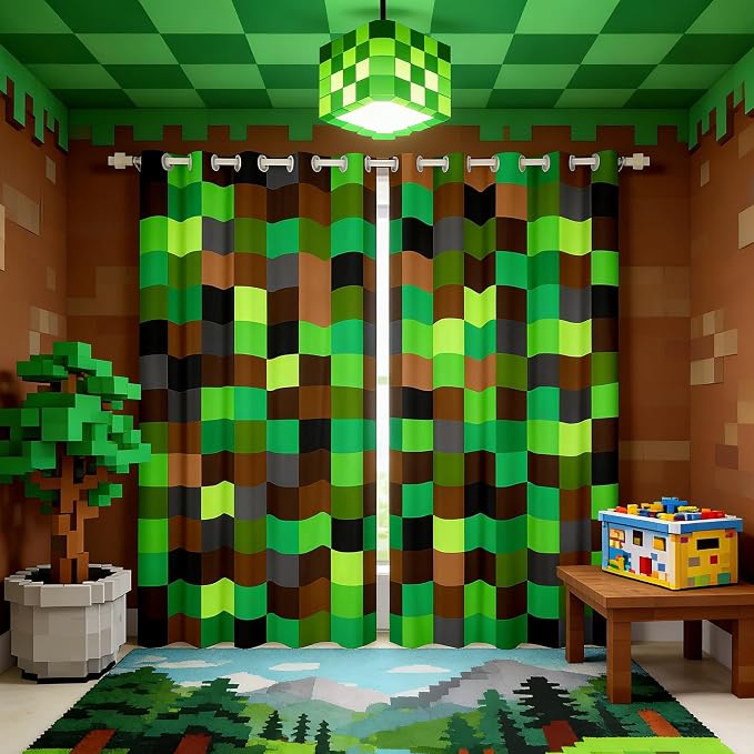 Castle Fairy Green Brown Blocks Window Curtain,Pixelated Grid Blackout Window Treatment,Teens Woman Men Miners Gaming Bedroom Curtains Build Sandbox Theme Living Room Decor Top 2 Panels,52Wx96L