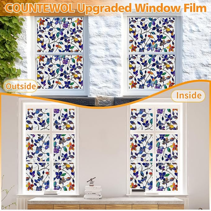 COUNTEWOL Window Privacy Film with Installation Tools Home Decorative Colored Glass Window Stickers Reusable electrostatic Rainbow Stickers (Frosted Stained Leaf, 23.6 x 78.7 in)