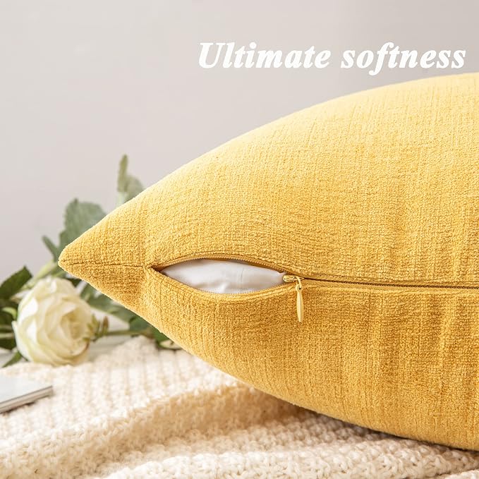 GAWAMAY Decorative Throw Pillow Covers 16x16 Inch Set of 2, Super Soft Chenille Square Pillows Farmhouse Fall Pillowcase for Living Room Bedroom Sofa Couch Cushion Cover Mustard Yellow 40x40cm
