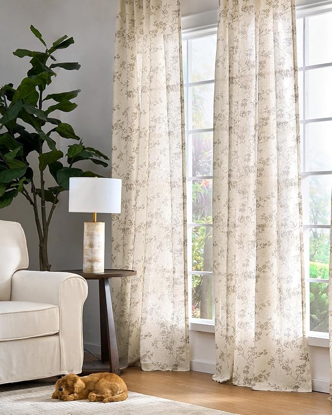jinchan Taupe Floral Linen Curtains 63 Inch Farmhouse Back Tab 2 Panels | Flower patterned drapes, french country, light filtering, semi sheer, printed, bedroom, living room, office, window treatment