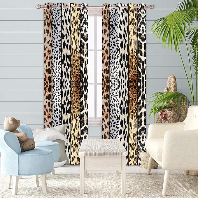 Wild Animal Print Curtain, Room Darkening Thermal Insulated Blackout Leopard Boa Window Drapes with Grommets for Living, Dining, Bedroom, 52"x 90", Set of 2 Panels