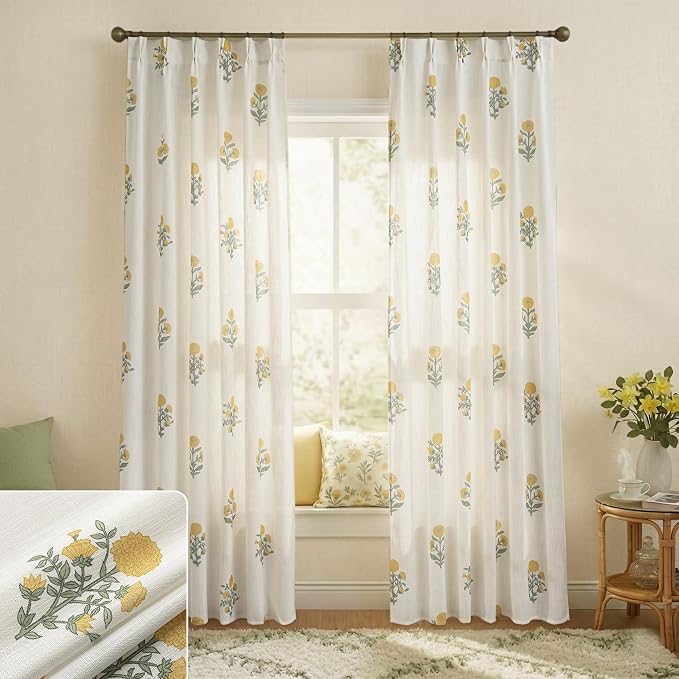Spring Cute Colorful Floral Curtains for Living Room, 96 Inch Yellow and White Wildflower Design Semi Sheer Linen Pinch Pleated Drapes, Vintage Cottage Country Pattern Window Treatments, 2 Panels