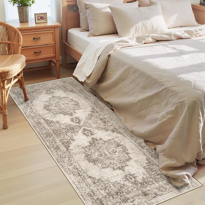 Area Rug 2x6 Runner Rugs: Washable Vintage Hallway Rug Indoor Medallion Rugs Low Pile Distressed Floor Carpet Retro Accent Rug for Kitchen Bedroom Bathroom Dining Room(Taupe, 2'x6')