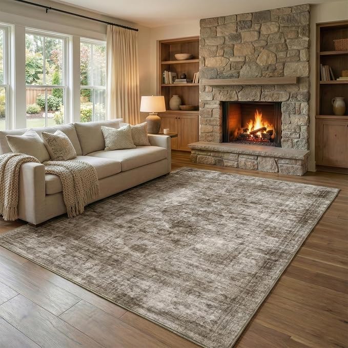 Homemate Washable Rug 5x7 Area Rugs - Vintage Faux Wool Rugs for Living Room Bedroom Dining Room - Non Slip Foldable Carpet Indoor Area Rug for Home Decor（5'x7', Brown