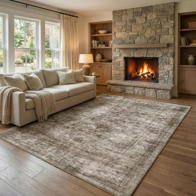 Homemate Washable Rug 6x9 Area Rugs - Vintage Faux Wool Rugs for Living Room Bedroom Dining Room - Non Slip Foldable Carpet Indoor Area Rug for Home Decor（6'x9', Brown