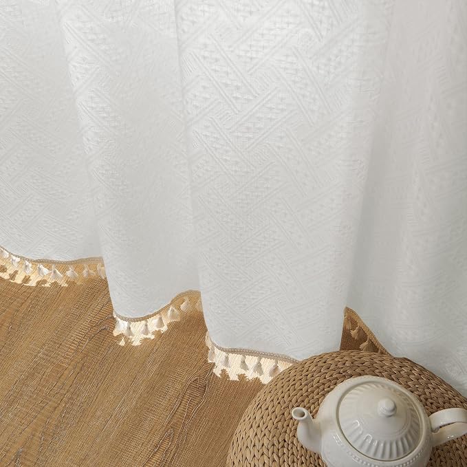 Joydeco White Boho Curtains 63 Inch Length 2 Panels, Super Soft Bohemian Farmhouse Curtains with Tassels, Semi Sheer Light Filtering Drapes for Bedroom Living Room (Rod Pocket, 52Wx63L)