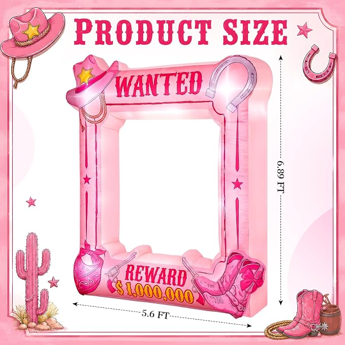 Soulchen 6 x 5 ft Pink Western Wanted Inflatable Decoration with Led Lights and Built-in Blower Perfect for Cowboy Party Decor Western Themed Birthdays and Vintage Country Events