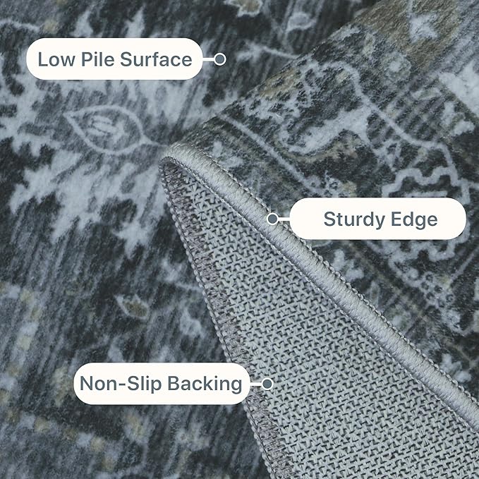 GENIMO 9x12 Area Rugs for Living Room, Machine Washable Non Slip Vintage Rugs, Low Pile Lightweight Print Rug for Bedroom, Dining Room, Home Office,Dark Gray