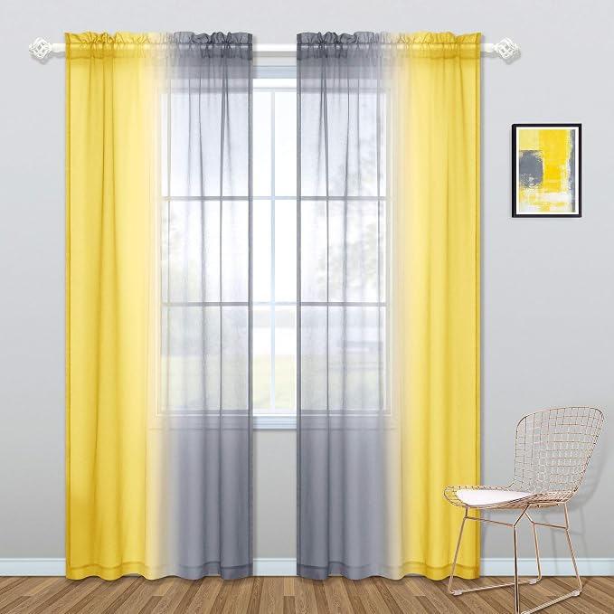 KOUFALL Yellow and Gray Curtains 84 Inch Length for Living Room Set of 2 Panels Rod Pocket Window Drapes Ombre Sunflower Colored Patterned Print Curtains for Bedroom 50x84 Inches Long Yellow and Grey