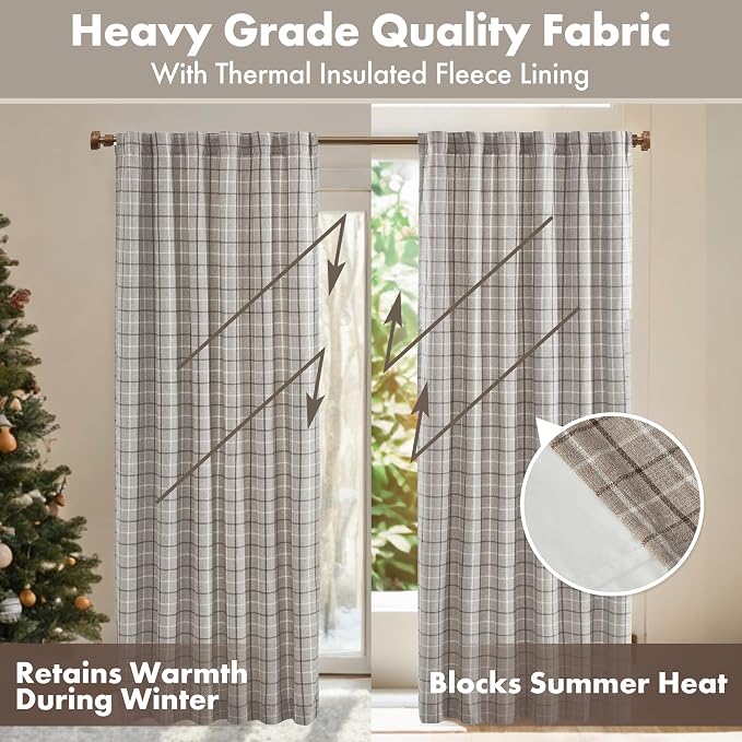 Madison Park Anaheim Cabin Plaid Curtain Window, Thermal Insulated Fleece Lining, Living Room Decor Room Darkening Drape for Bedroom, 1- Single Panel, 50x95, Rod Pocket & Back Tab, Brown (Pack of 4)