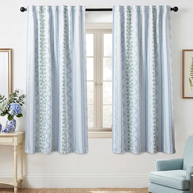 Light Blue and White Floral Blackout Curtains 63 Inch Length 2 Panel Set, Cottage Core Green Scalloped Thermal Insulated Drapes, Coastal Grandma Black Out Curtains for Living Room 63 Inch Long