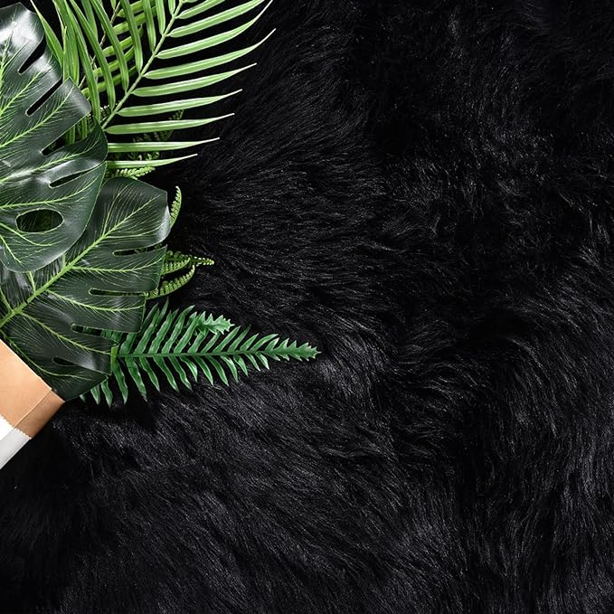 Latepis Black Faux Fur 4'x5'10" Area Rug, Soft Plush Faux Fur Sheepskin Rugs for Living Room, Washable Fluffy Fuzzy Rug for Bedroom and Living Room, Luxury Room Decor, Rectangle
