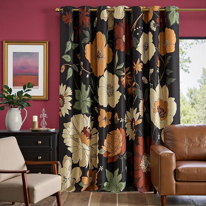 jinchan Lora Floral Curtain for Living Room Blackout Drape for Sliding Door Extra Wide Room Darkening Fall Decor Vintage Boho Flower Print Patio Door Curtain Grommet 1 Panel W100xL96 Inch Black